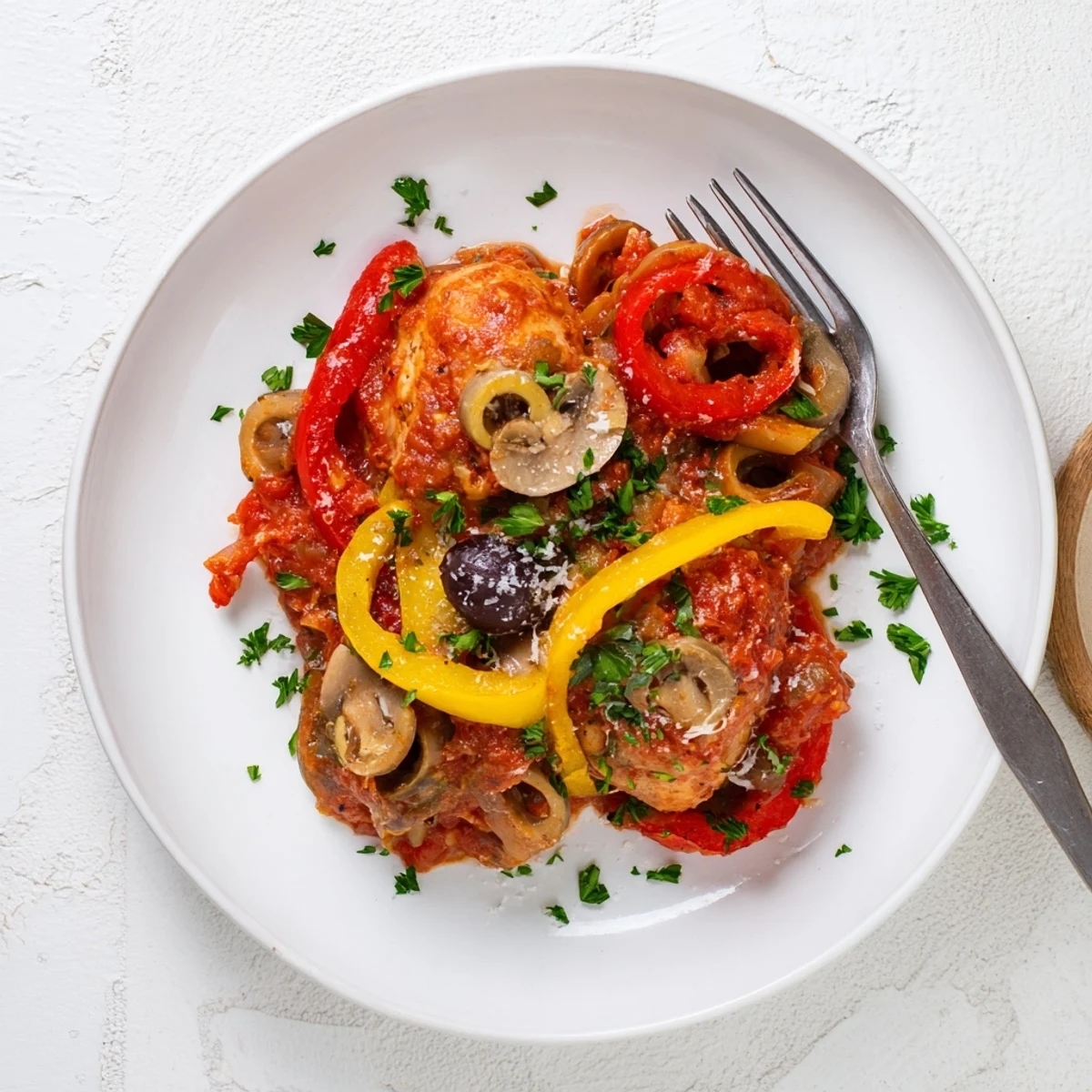 A close-up of slow cooker chicken cacciatore featuring olives and capers, steaming beside a white plate for a family meal.