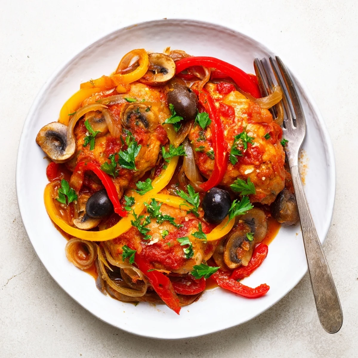 Homemade Italian slow cooker chicken cacciatore with onions and herbs, garnished with parsley and ready for a gluten-free dinner.