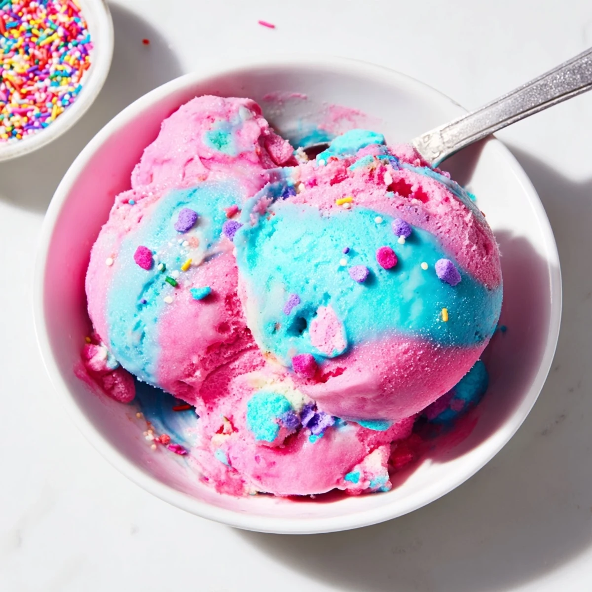 Chopped bubblegum candies mixed into No Churn Bubblegum Ice Cream in a freezer-safe loaf pan.  