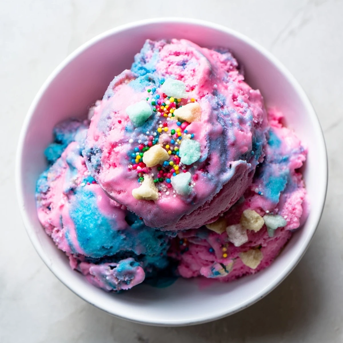 Creamy pink No Churn Bubblegum Ice Cream scooped into a bowl topped with colorful sprinkles.  