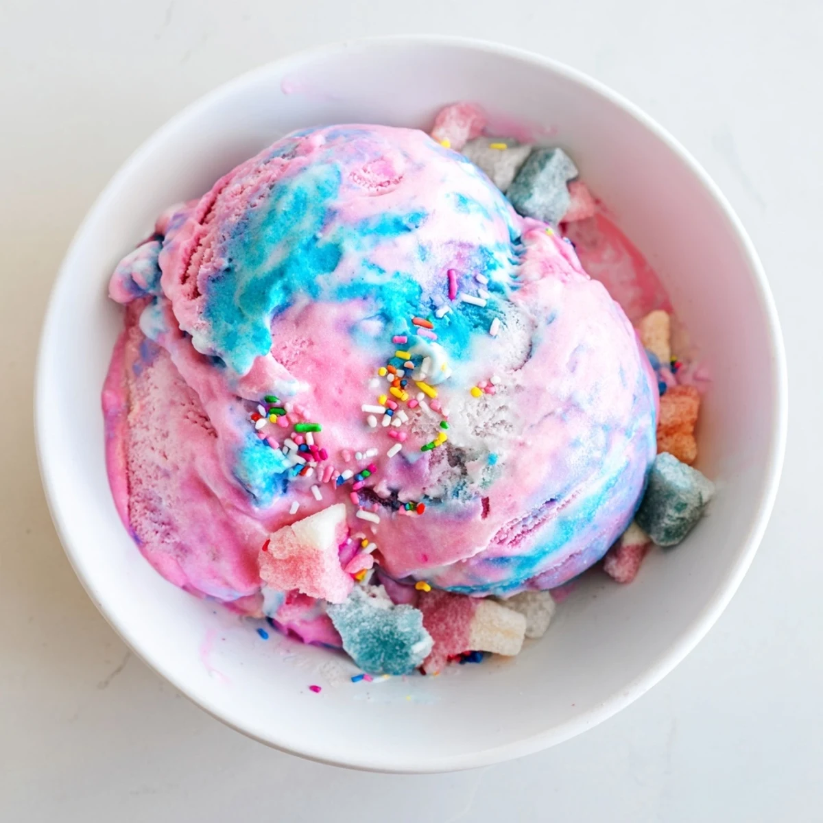 Bright pastel swirls of No Churn Bubblegum Ice cream served in a cone with a cherry.