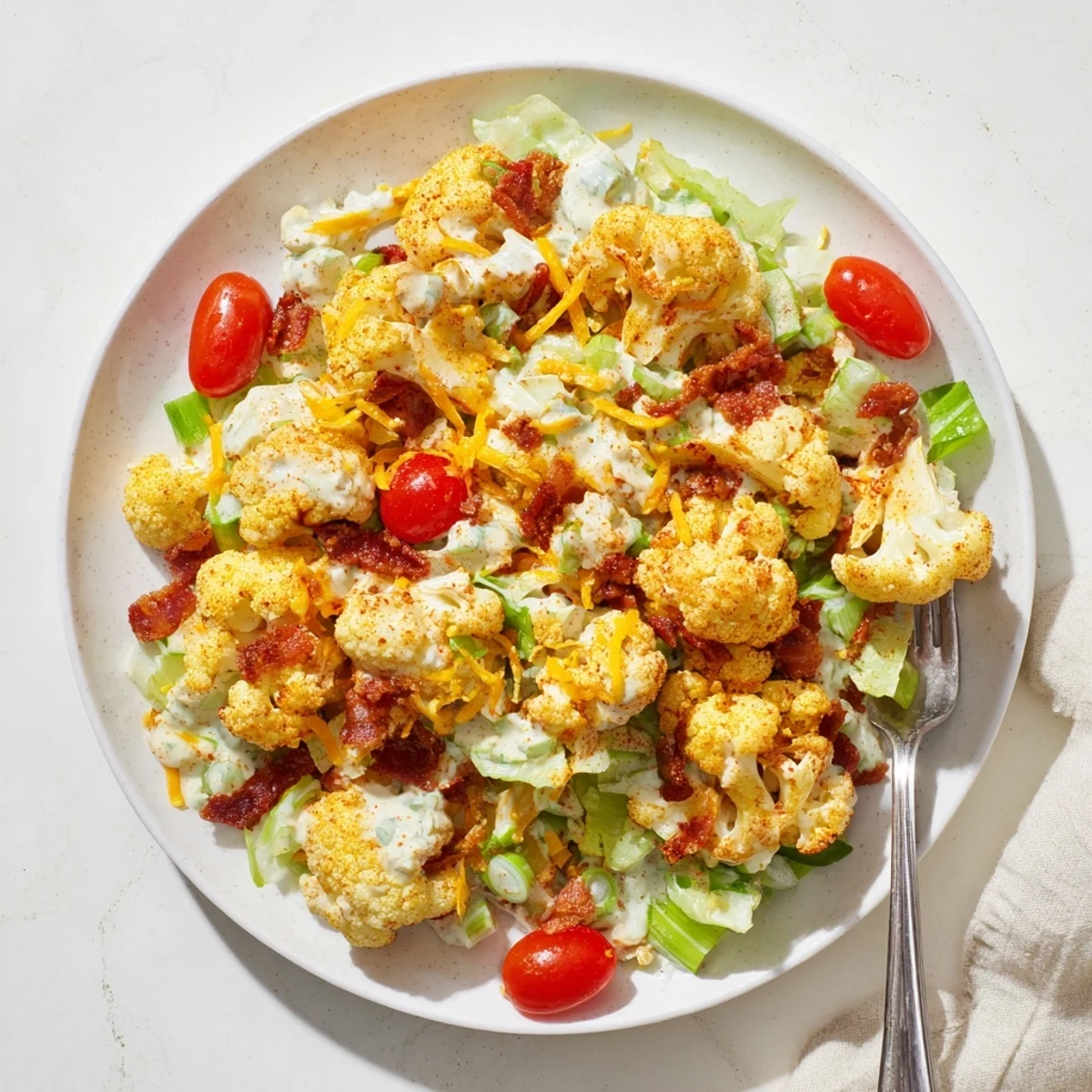 Close-up of BLT Cauliflower Salad in a white bowl, featuring golden roasted cauliflower florets mixed with crisp bacon, juicy halved cherry tomatoes, and chopped romaine lettuce.