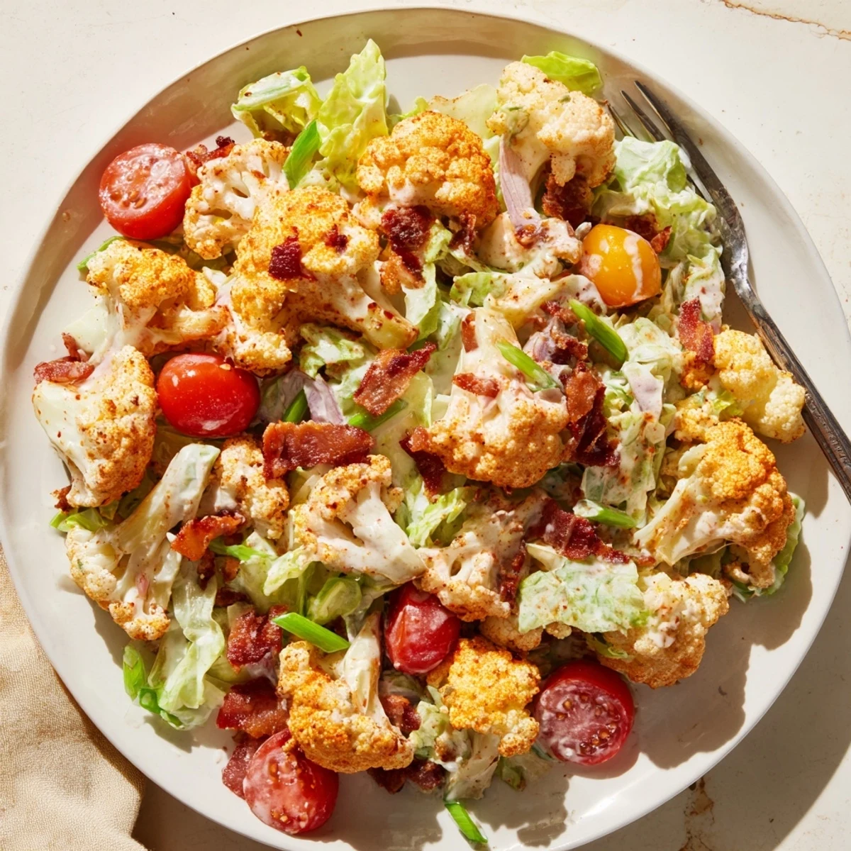 Overhead view of BLT Cauliflower Salad, a vibrant American-style dish perfect for easy lunches, featuring colorful ingredients and garnished with black pepper.