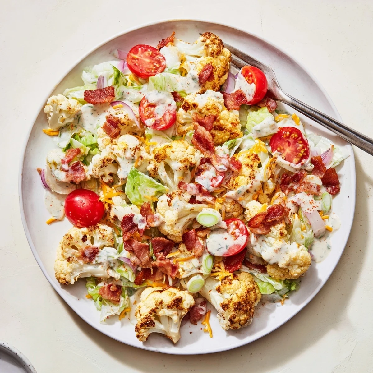 Fresh BLT Cauliflower Salad served on a rustic wooden table, showcasing creamy dressing coating every bite, with green onions and optional shredded cheddar cheese.