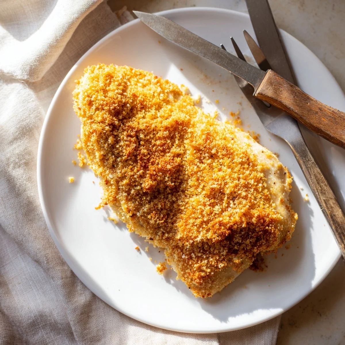 Air Fryer Parmesan Crusted Chicken resting on a white plate, golden brown and perfectly crispy with visible parmesan bits, garnished with fresh parsley.