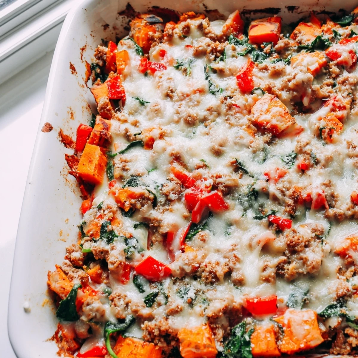 This wholesome Ground Turkey Sweet Potato Bake layers tender sweet potatoes, savory turkey, and wilted spinach in a comforting casserole. 