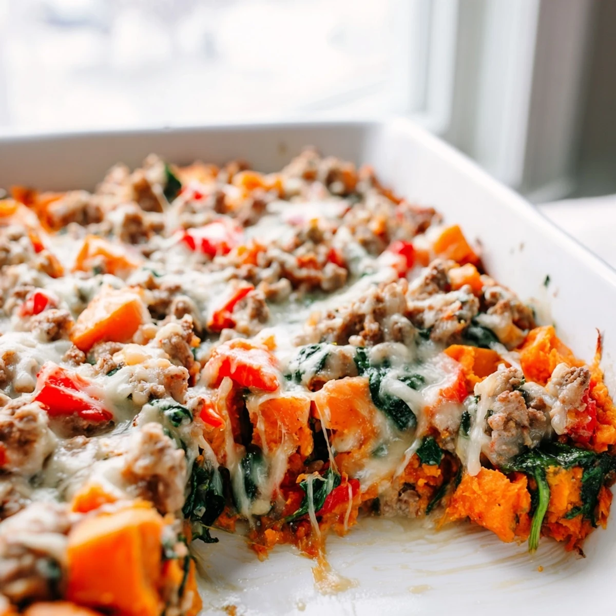 A close-up of the finished Ground Turkey Sweet Potato Bake, featuring melted mozzarella and Parmesan on a bubbling, golden surface. 