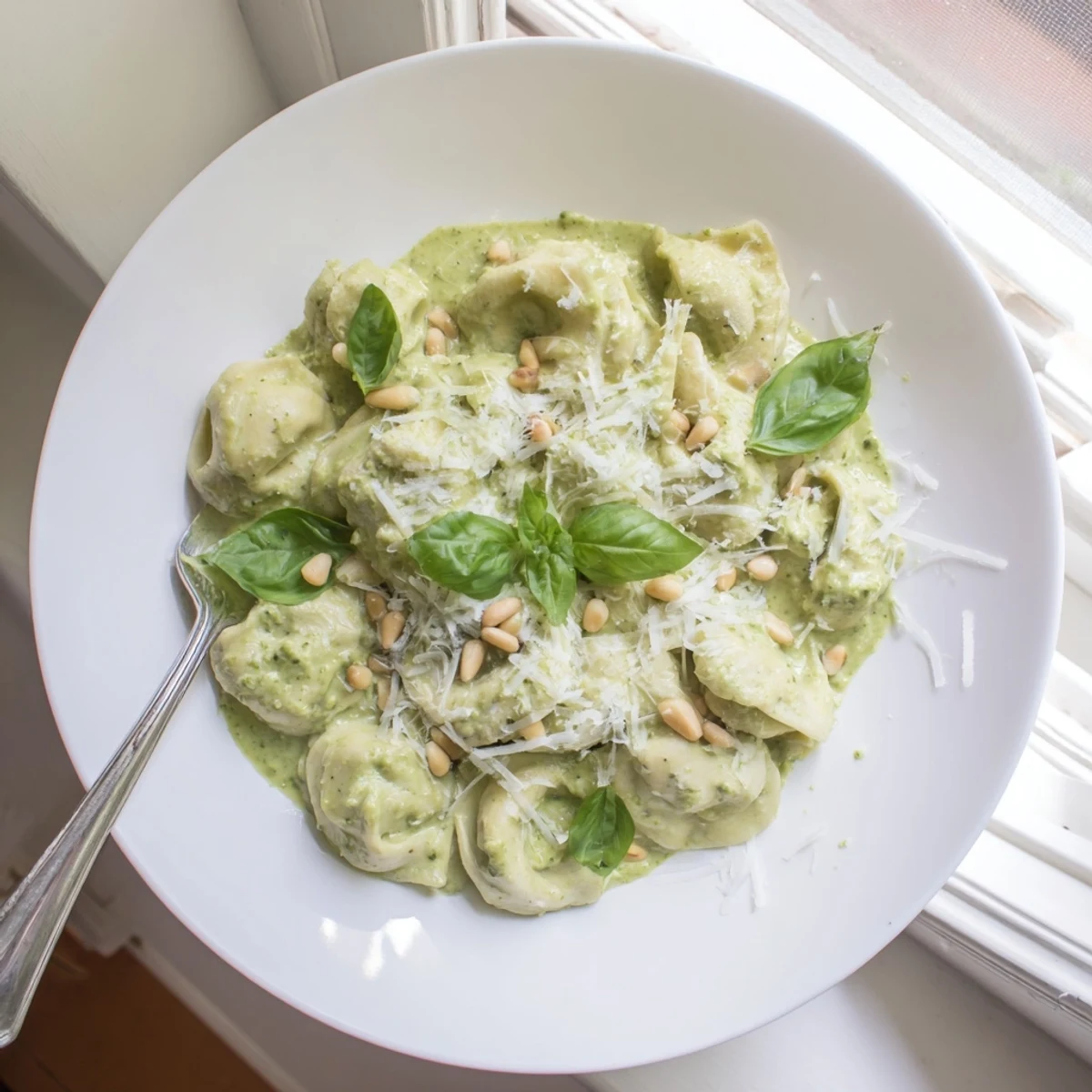 A close-up of Pesto Alfredo Tortellini with melted Parmesan and fresh basil on a rustic plate.