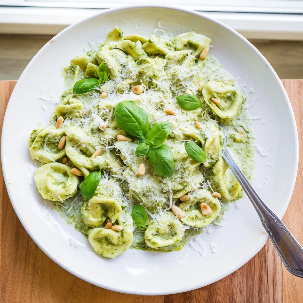 Steaming Pesto Alfredo Tortellini in a creamy green sauce, garnished with basil and pine nuts.