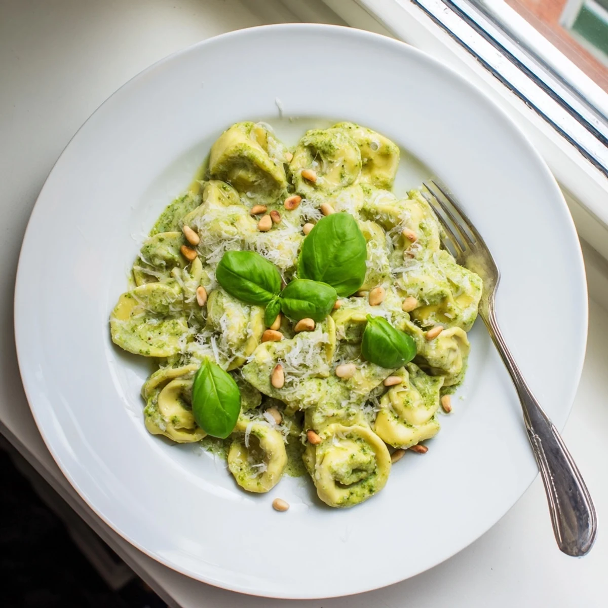 Serving suggestion of Pesto Alfredo Tortellini in a skillet, ready to garnish for a weeknight dinner.