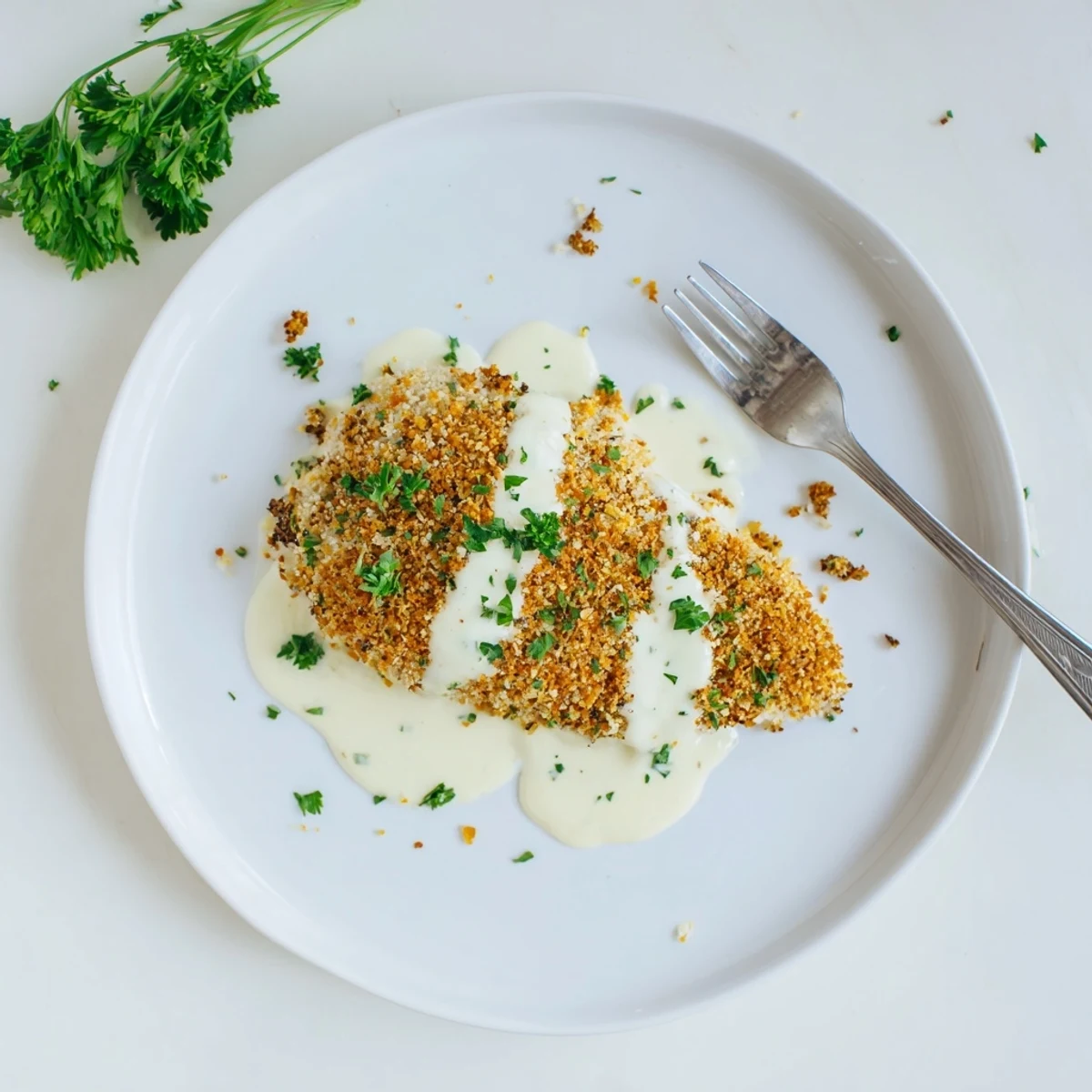 Golden-brown Parmesan crusted chicken breast from Longhorn Steakhouse, topped with melted provolone and served beside a creamy ranch spread.