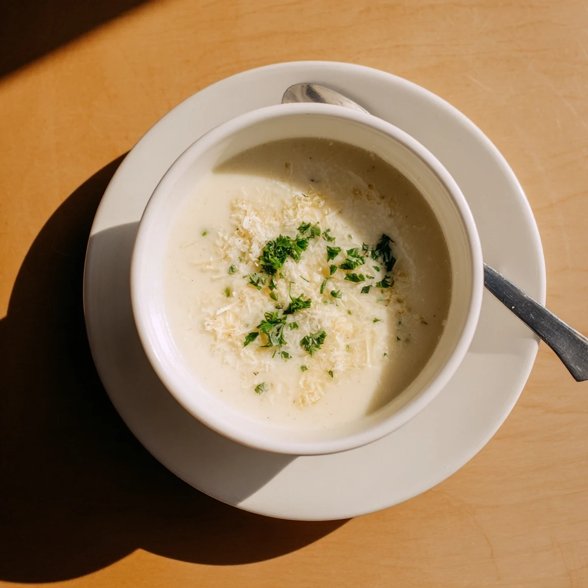 Golden roasted cauliflower florets and whole roasted garlic bulbs sit beside a bowl of creamy Asiago Roasted Garlic Cauliflower Soup, garnished with fresh parsley.
