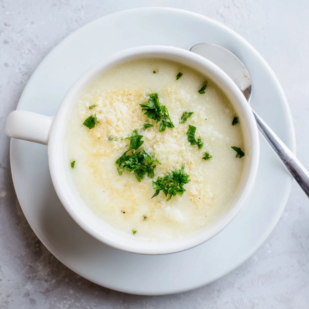 The rich, creamy texture of Asiago Roasted Garlic Cauliflower Soup is visible, with chopped chives and a rustic bread slice for dipping.