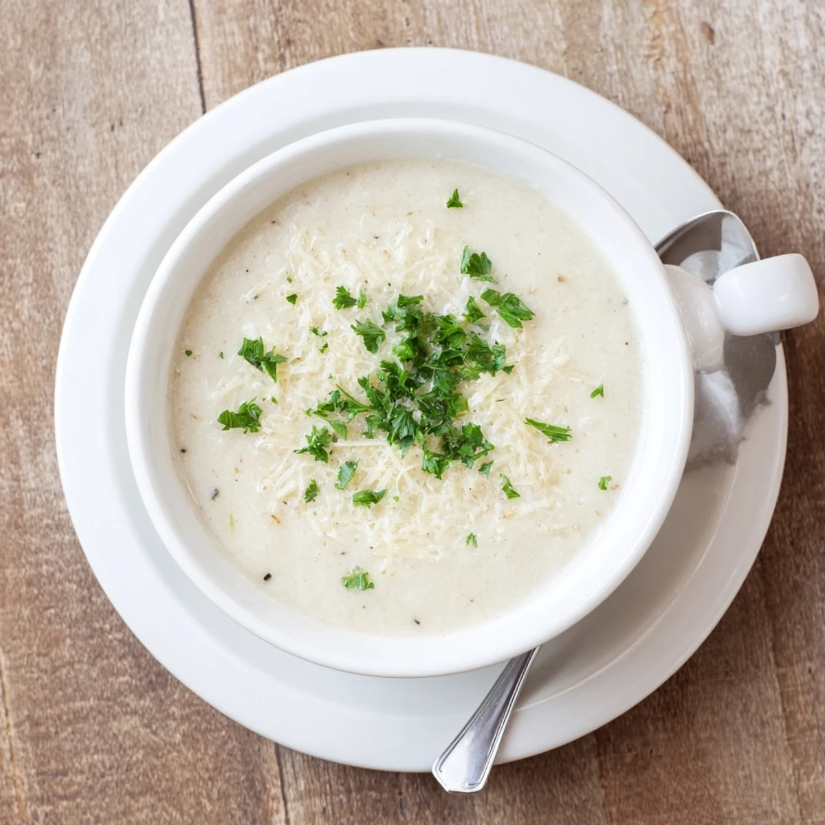 A close-up shows a steaming bowl of Asiago Roasted Garlic Cauliflower Soup, topped with extra grated Asiago cheese and a drizzle of olive oil.