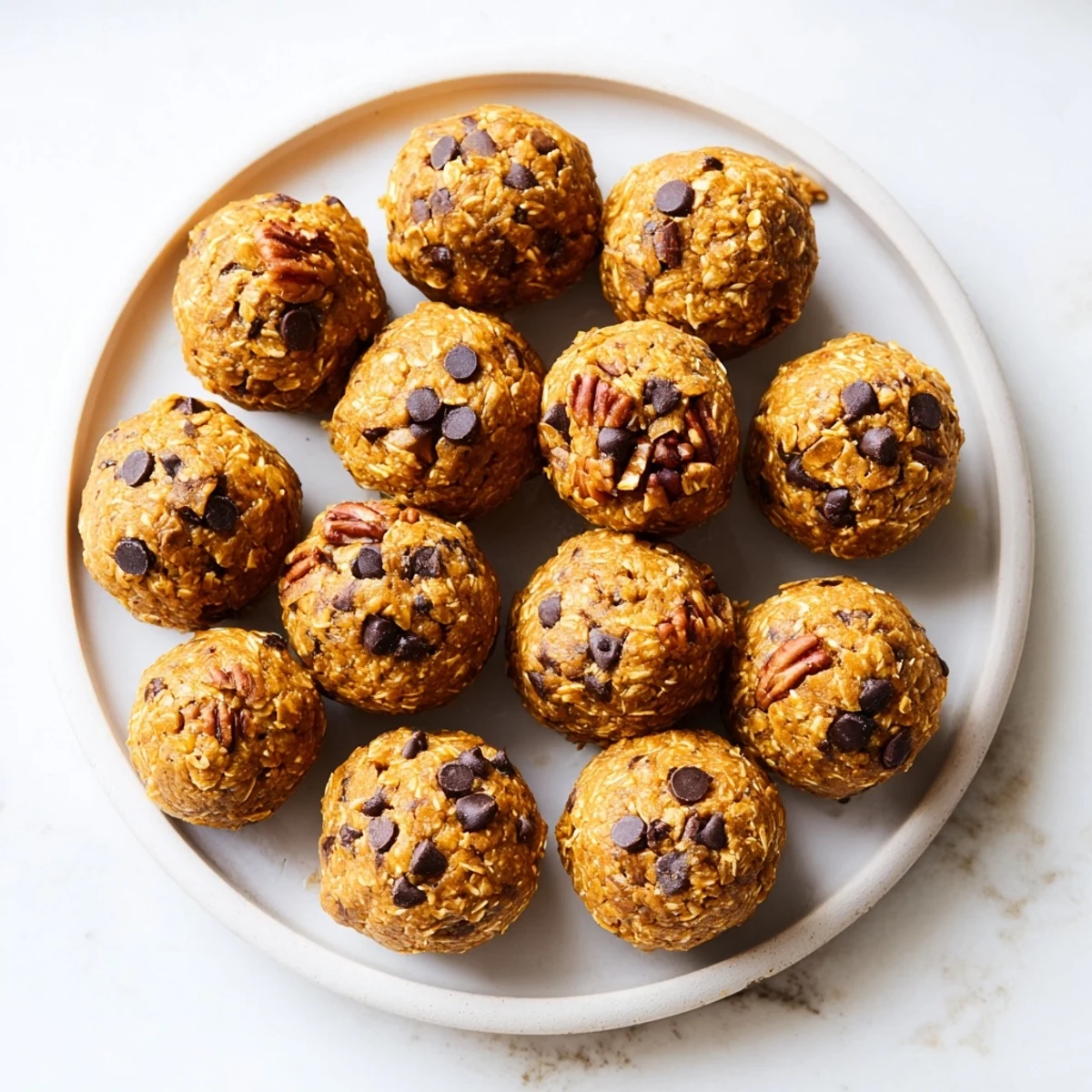 Close-up view of No Bake High Protein Pumpkin Bites with a moist interior and a hint of maple.
