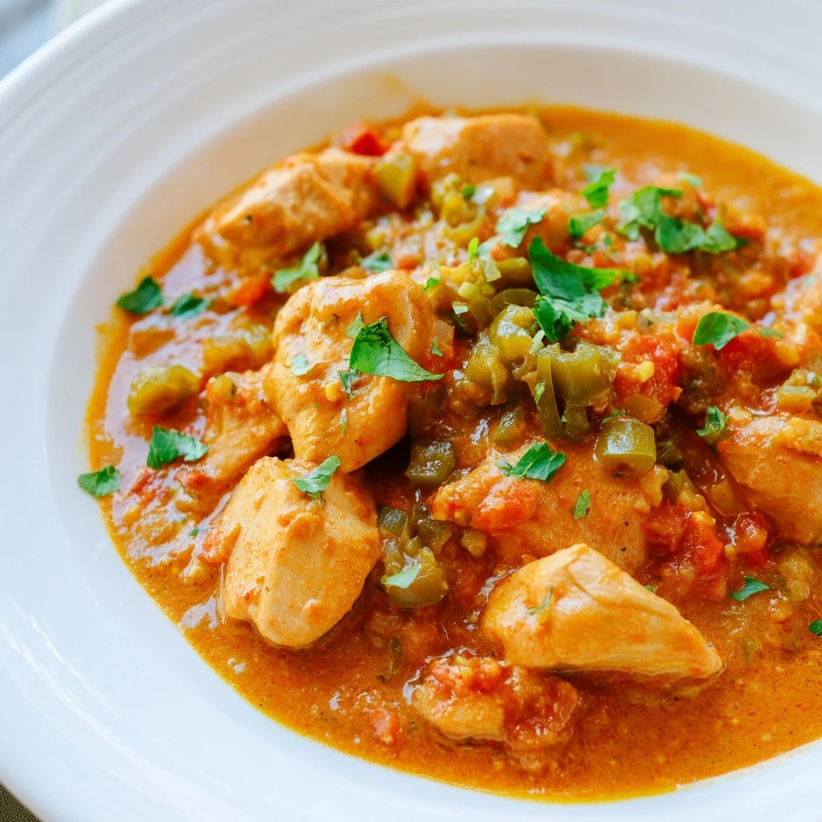 Steaming Spiced Chicken Curry with Ginger, Garlic & Jalapeño in a bowl, topped with fresh cilantro.