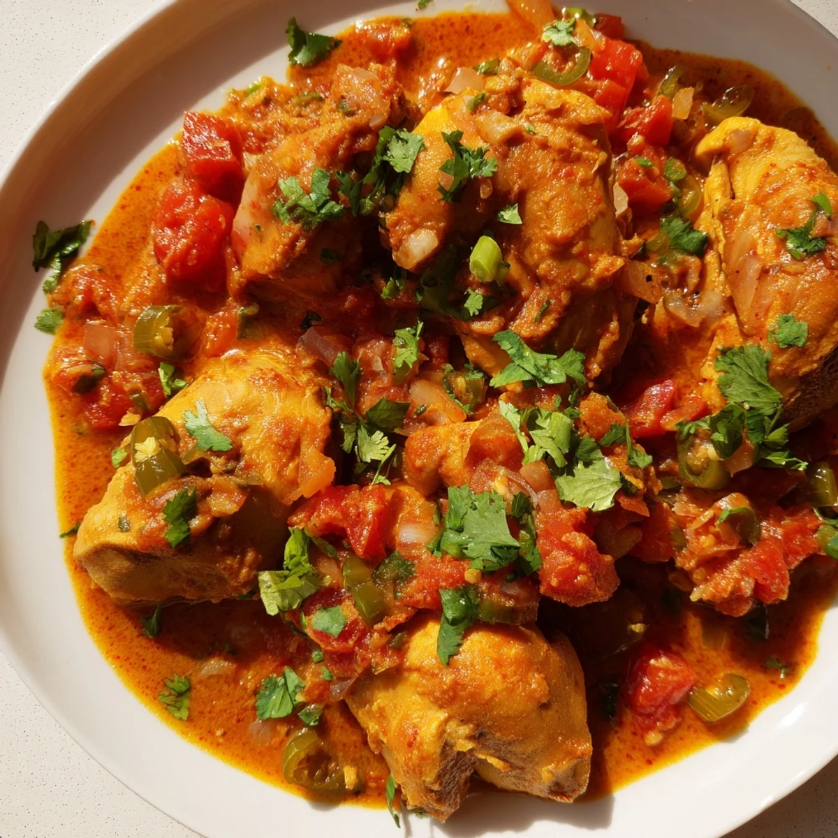 Spiced Chicken Curry with Ginger, Garlic & Jalapeño simmering in a pot, releasing fragrant steam near a spoon.