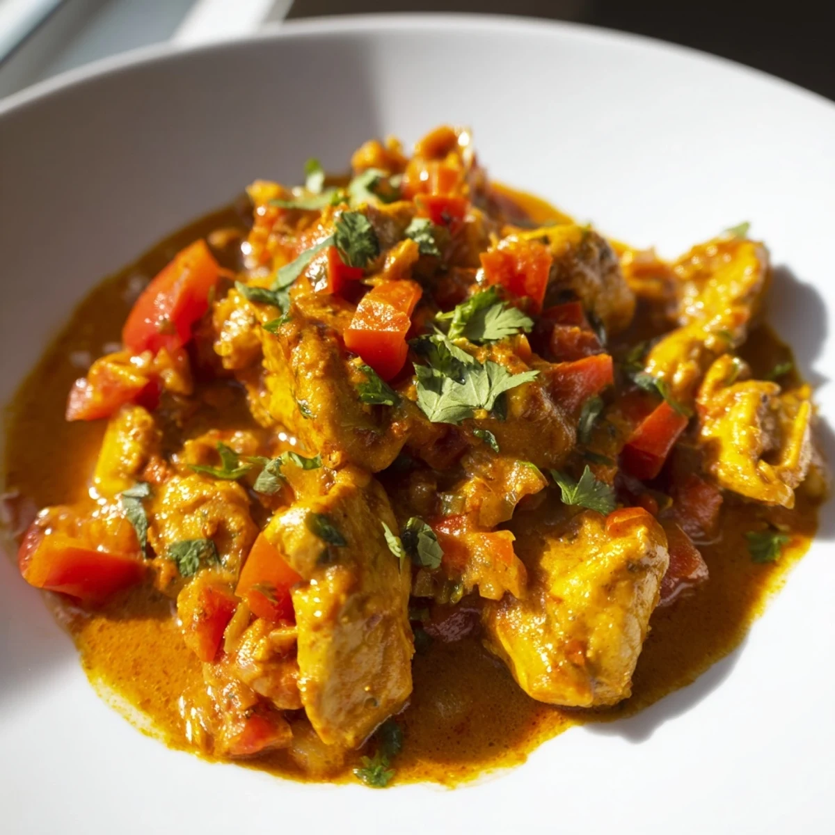 A close-up of Spiced Chicken Curry with Ginger, Garlic & Jalapeño served beside fluffy rice and warm naan.