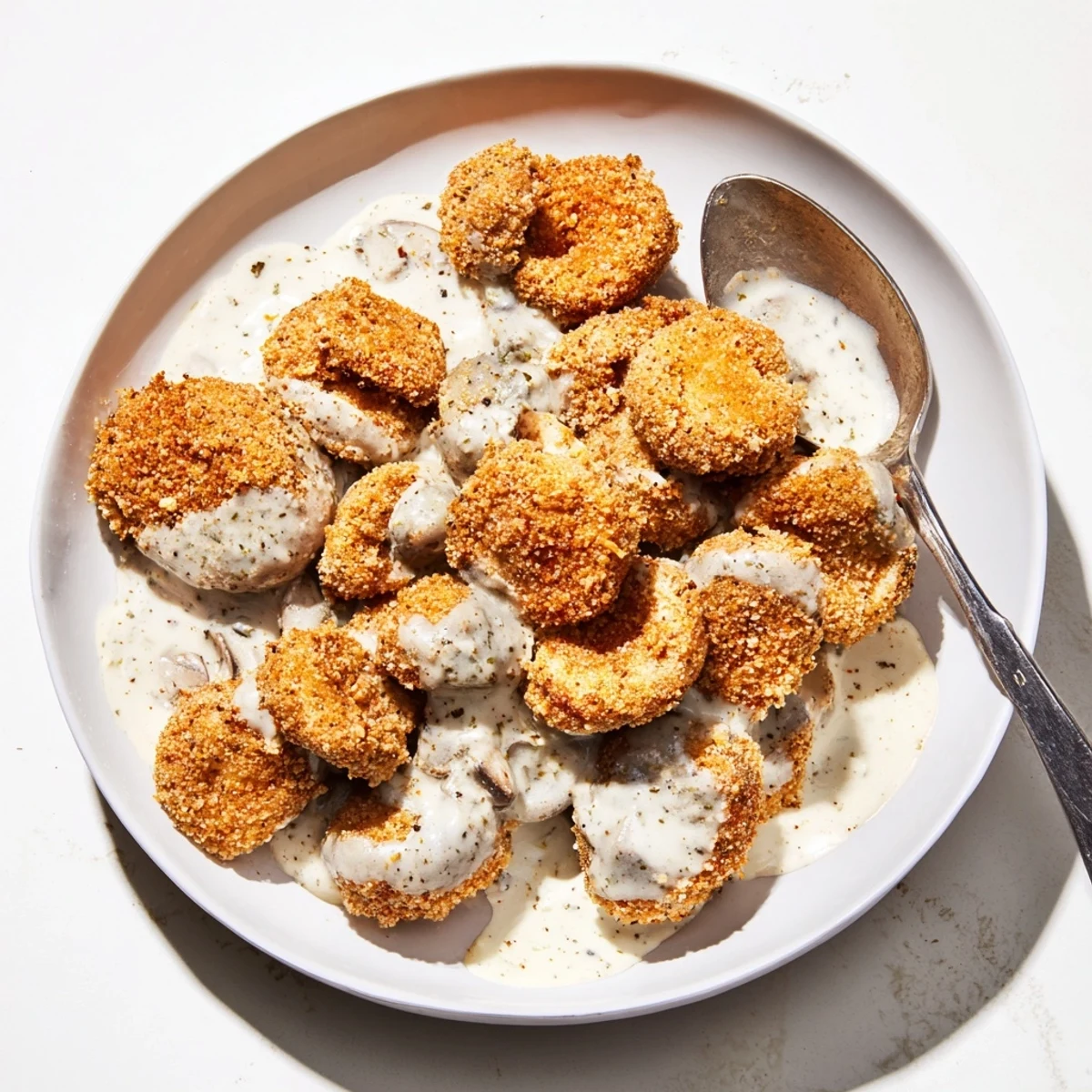 Golden fried mushrooms coated in crispy panko breadcrumbs, smothered in creamy peppery gravy for a Southern-style vegetarian main.