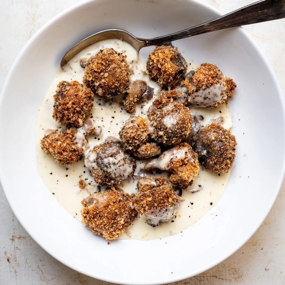 Sizzling hot chicken fried mushrooms lifted from the skillet with tongs, showcasing a golden crust ready to be topped with rich gravy.