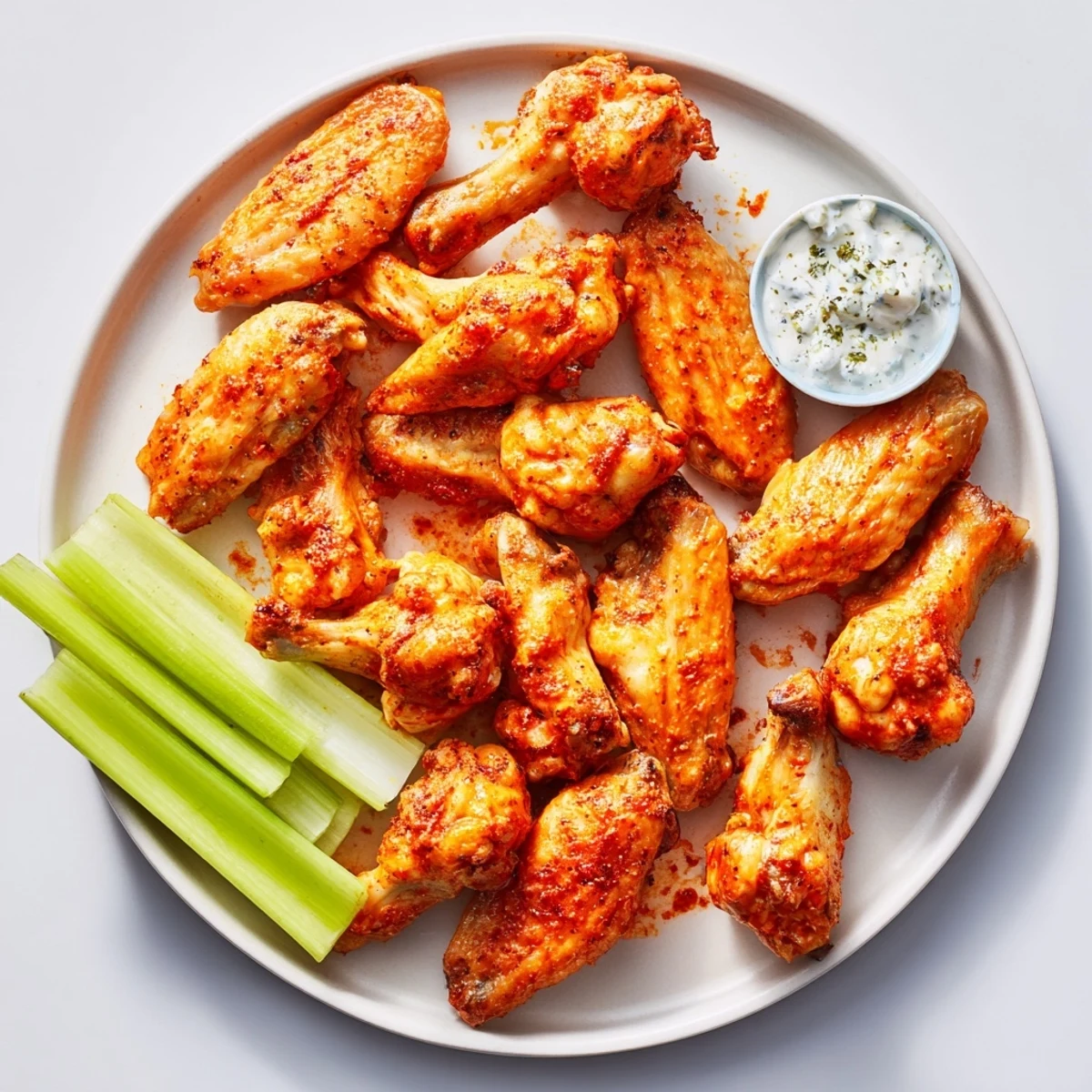 Freshly tossed crispy smoked buffalo wings are piled high, ready to be dipped in creamy blue cheese dressing.