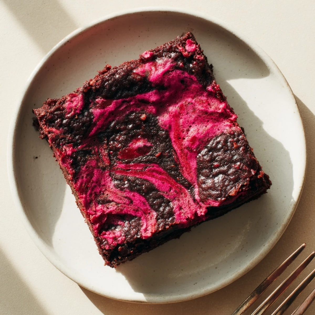 Freshly baked Raspberry Swirl Brownies with a crackly top, showcasing vibrant marbled puree and fudgy edges on a rustic wooden serving board.
