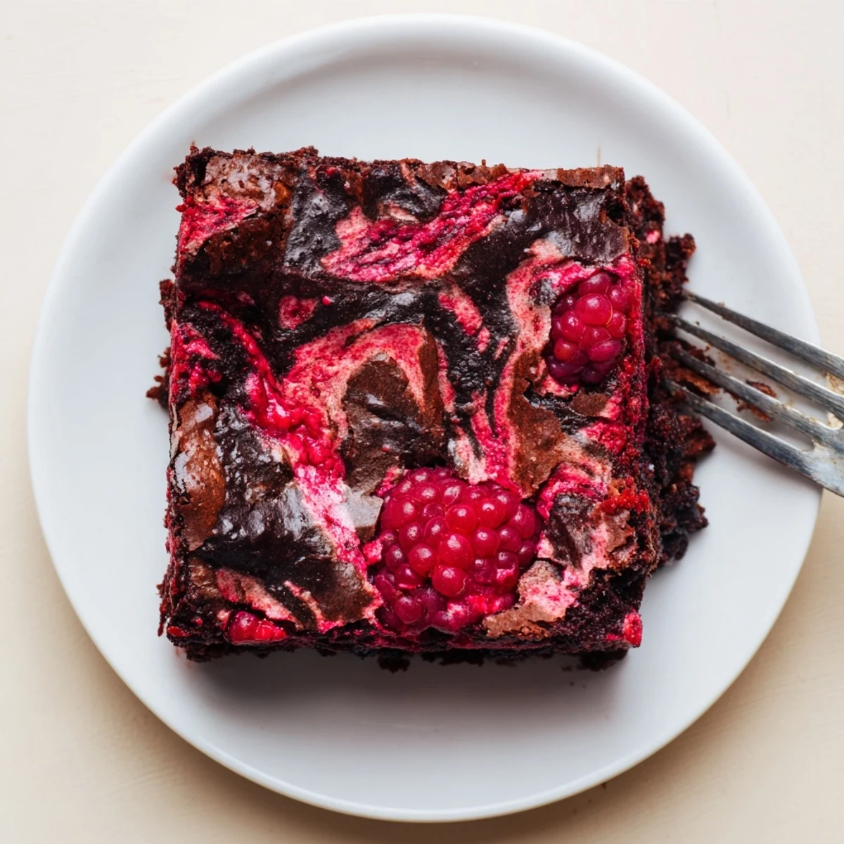 Decadent Raspberry Swirl Brownies cooling on a wire rack, displaying their moist crumb and glossy red swirls for a stunning homemade dessert.