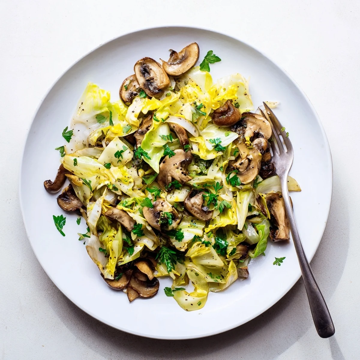 Steaming Vegetarian Cabbage Mushroom Sauté in a skillet, featuring tender green cabbage and earthy mushrooms with a hint of garlic.
