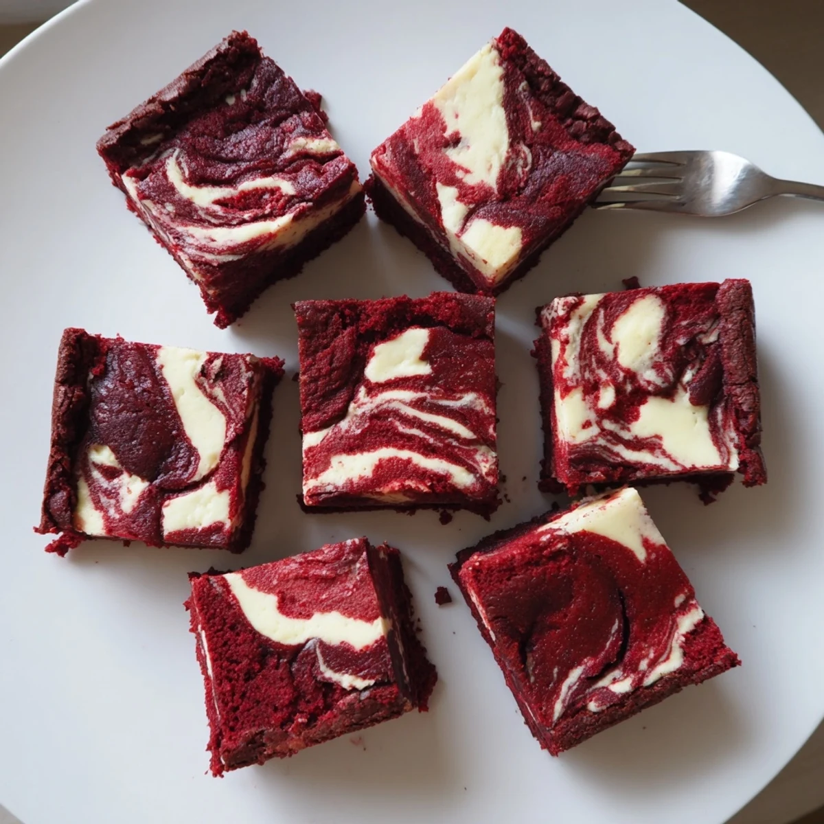 A close-up of Red Velvet Cheesecake Brownies cut into neat squares, showing the marbled red and creamy white layers on a rustic wooden board.