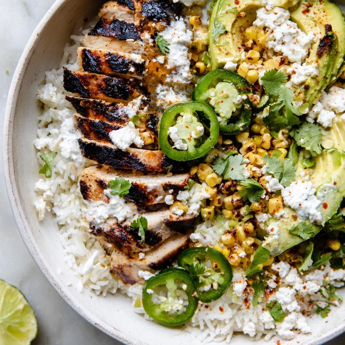 A close-up of Street Corn Chicken Bowl with juicy grilled chicken, charred corn, cotija, cilantro, and lime wedge.