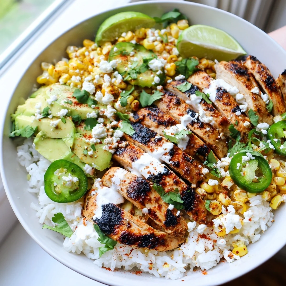 Overhead view of Street Corn Chicken Bowl, colorful toppings like jalapeño and green onions adding fresh Mexican-inspired flavor.