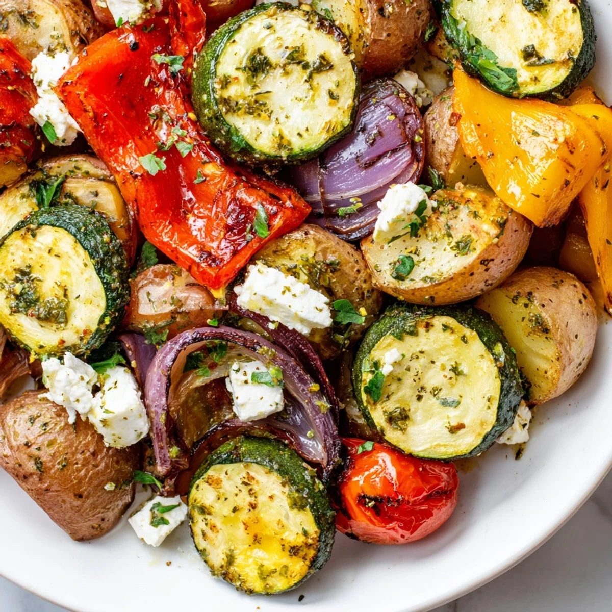 Roasted One Pan Greek Vegetables fresh from the oven, glistening with olive oil and topped with crumbled feta cheese.