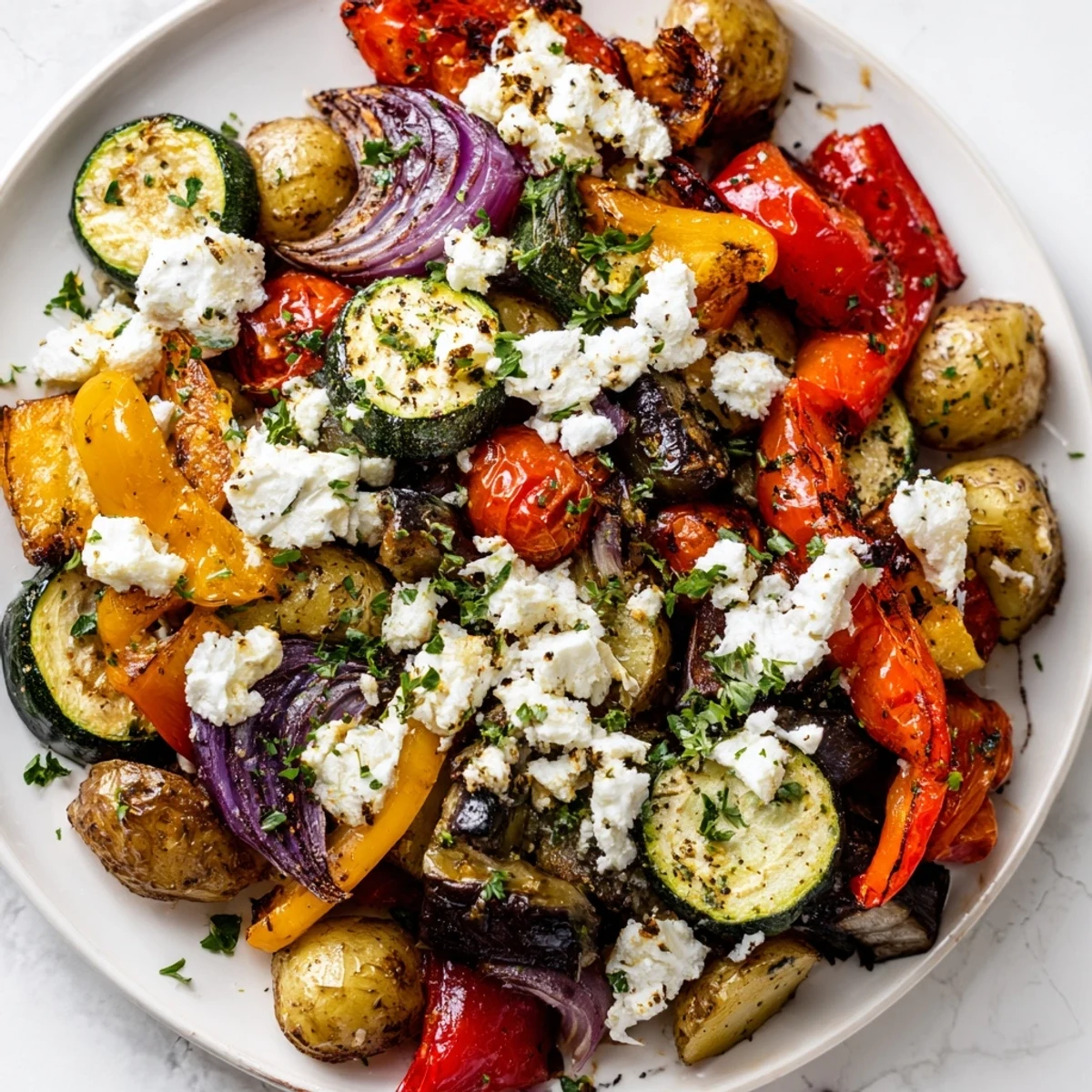 One Pan Greek Vegetables with caramelized zucchini, peppers, and potatoes served warm alongside lemon wedges for squeezing.