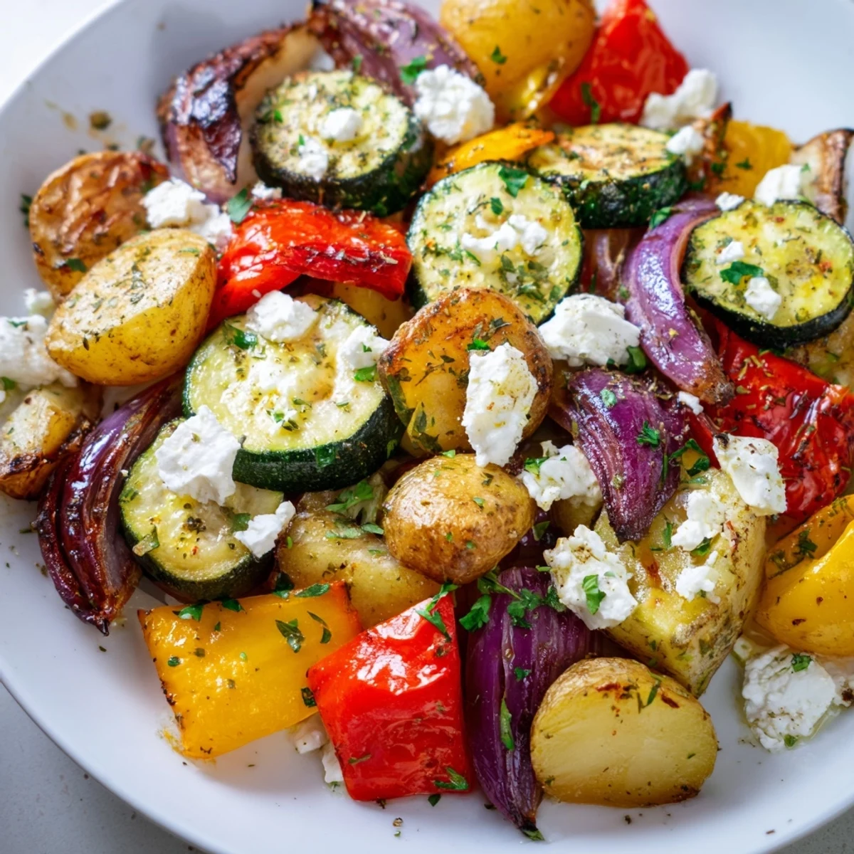 A close-up of One Pan Greek Vegetables showing colorful Mediterranean vegetables roasted with herbs and finished with fresh parsley.