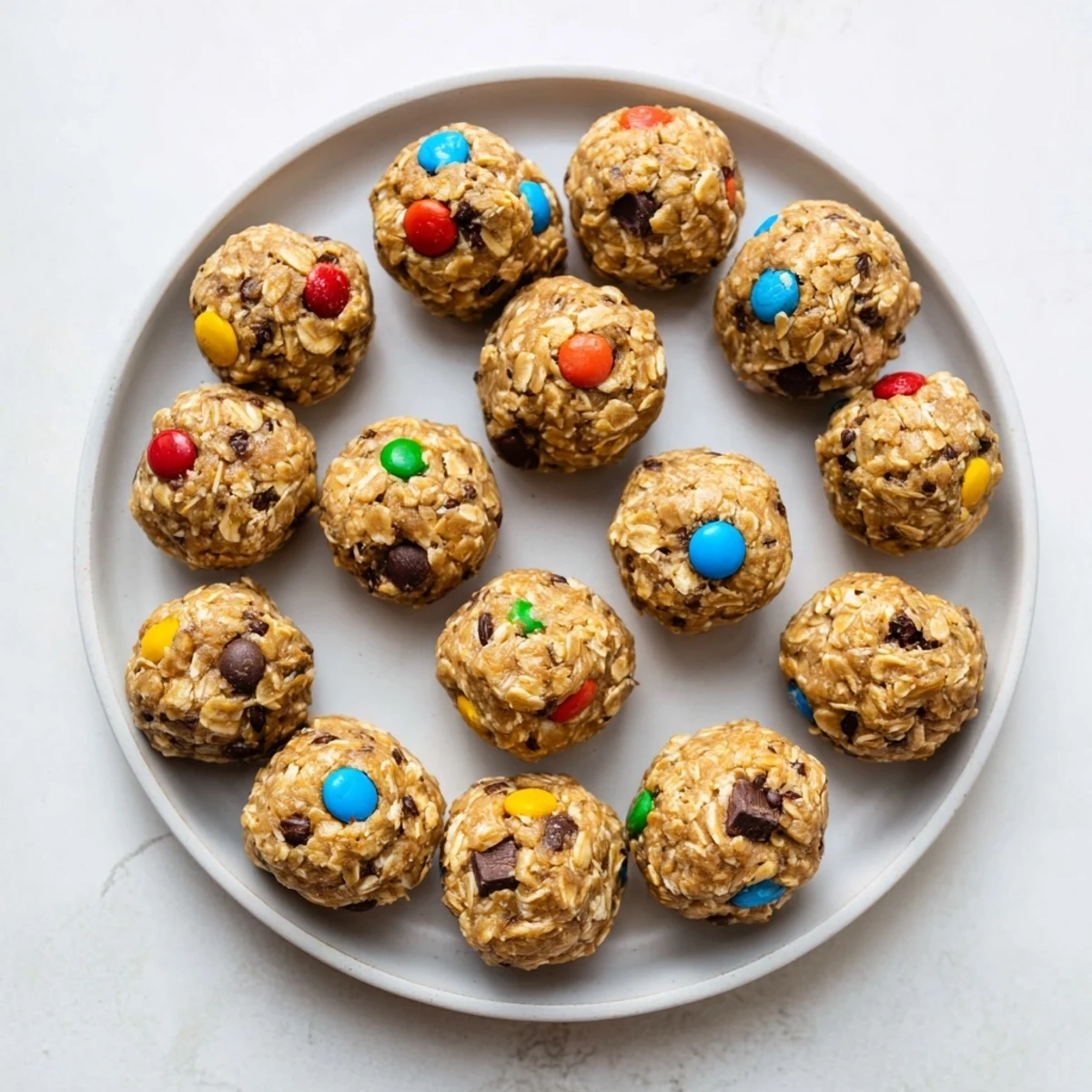Rolled oats and peanut butter blend into chewy Monster Cookie Protein Balls, studded with chocolate chips and colorful M&Ms on a chilled tray.