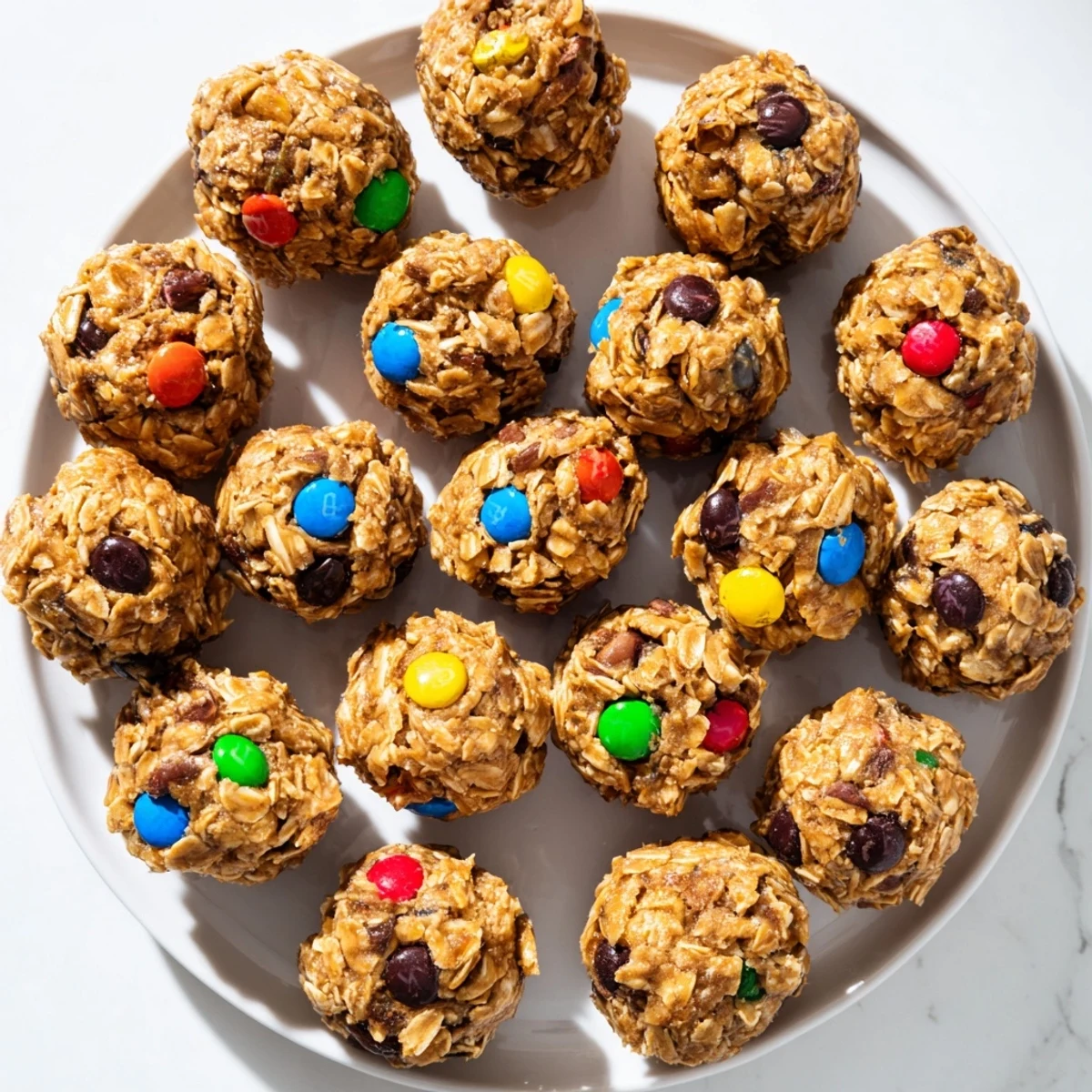 A hand holds a single Monster Cookie Protein Ball, revealing a hearty, protein-packed snack ready for post-workout refuel or lunchbox treats.
