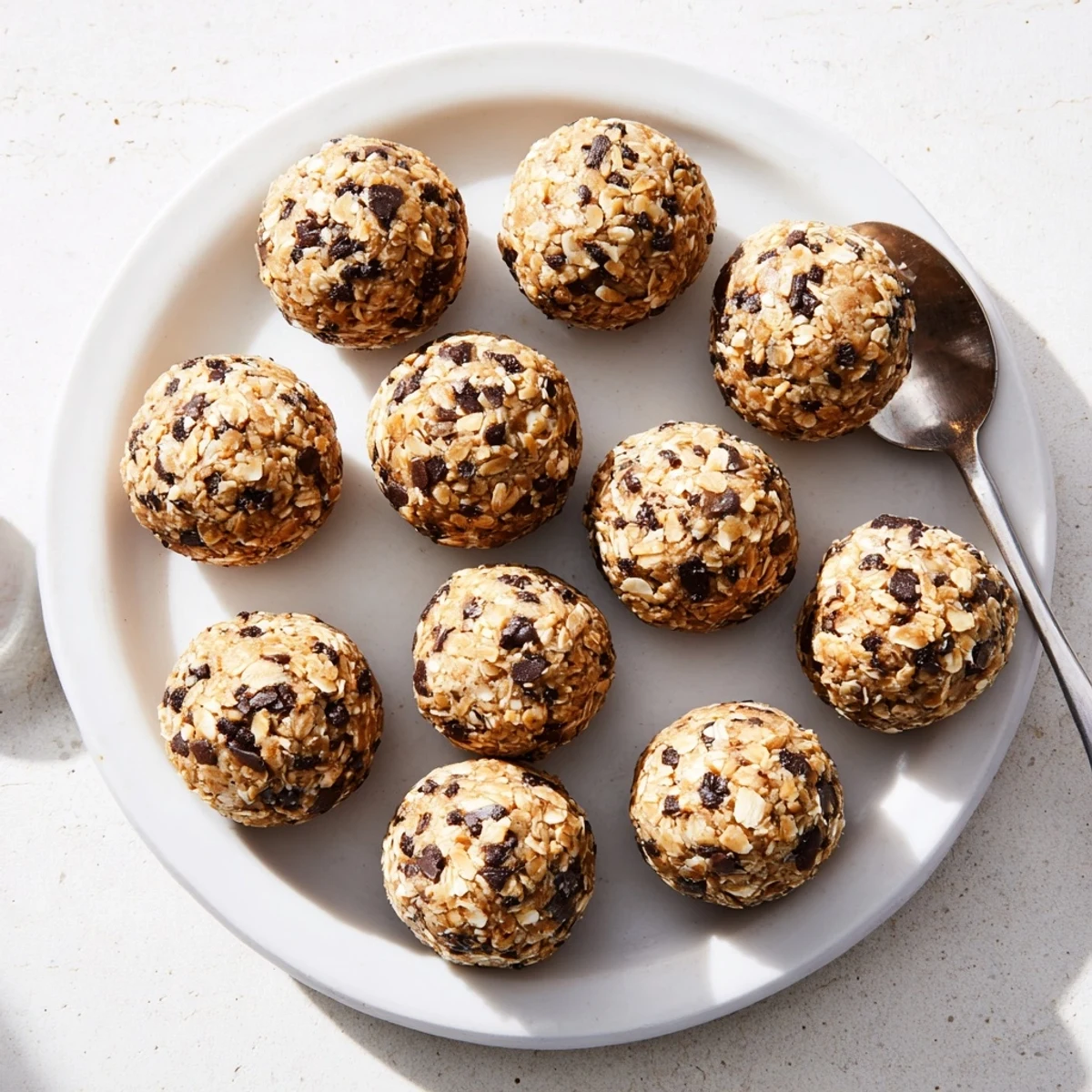 Close-up of homemade mint chocolate chip protein balls, highlighting the oats and vibrant green mint coloring.