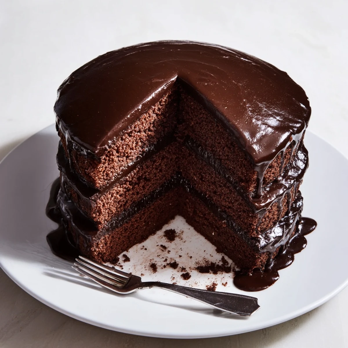 Perfectly sliced layers of Triple Matilda Chocolate Cake reveal a moist chocolate sponge inside a glossy ganache drip.