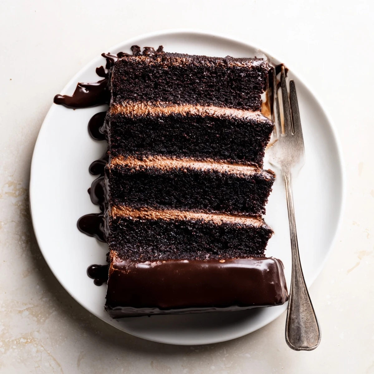 A close-up of Triple Matilda Chocolate Cake shows creamy frosting swirls and rich chocolate texture on a serving plate.