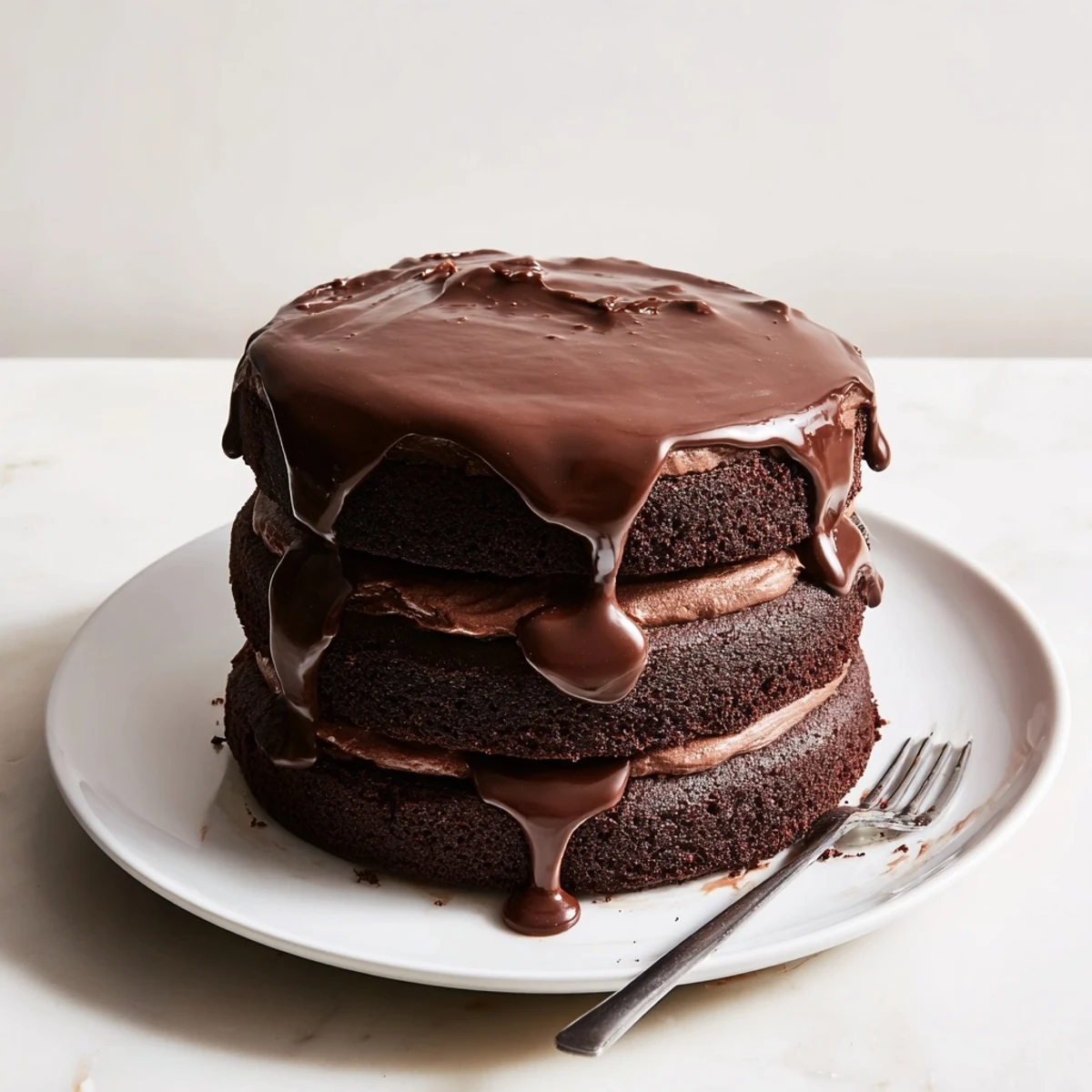 A single slice of Triple Matilda Chocolate Cake rests on a dessert plate, ready to be enjoyed with a fork.