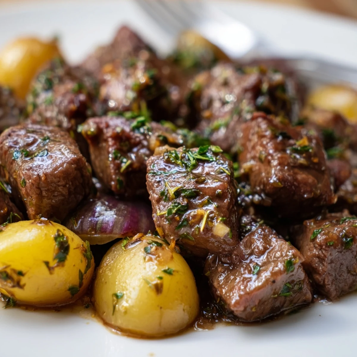 Fork-tender Slow Cooker Garlic Butter Beef With Potatoes nestled in a rich, garlicky butter sauce and fresh herbs.