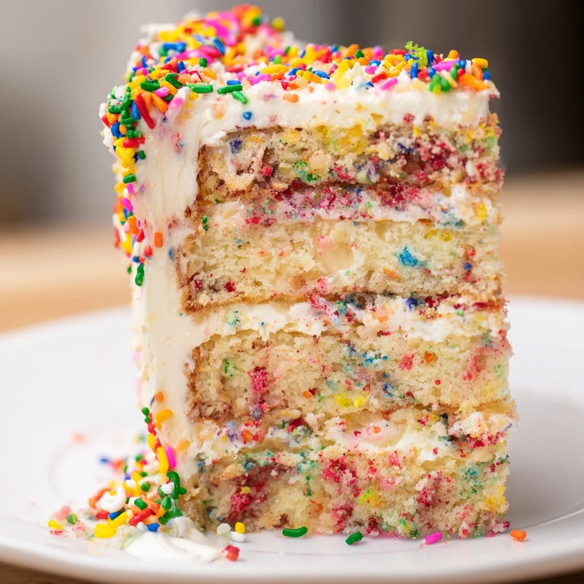 Freshly frosted Milk Bar Birthday Cake with colorful rainbow sprinkles on top, ready to serve.