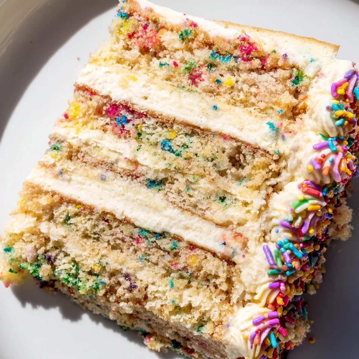 A slice of Milk Bar Birthday Cake shows moist vanilla sponge layers and creamy frosting.