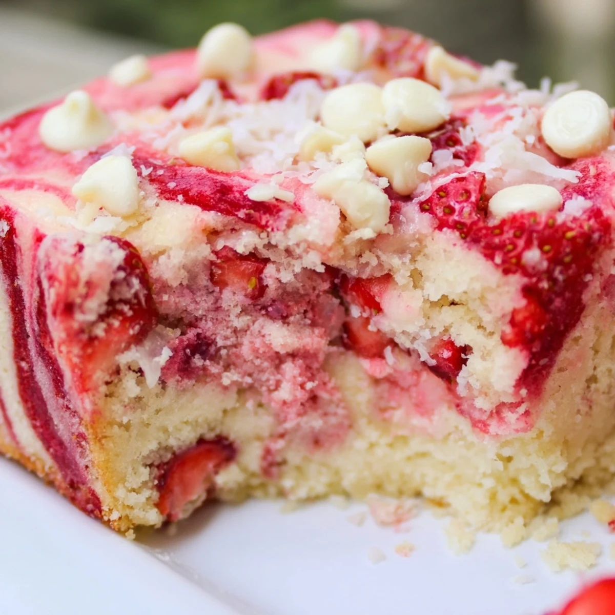 A slice of Strawberry Earthquake Cake with creamy cheesecake swirls and melted white chocolate chips on a white plate.