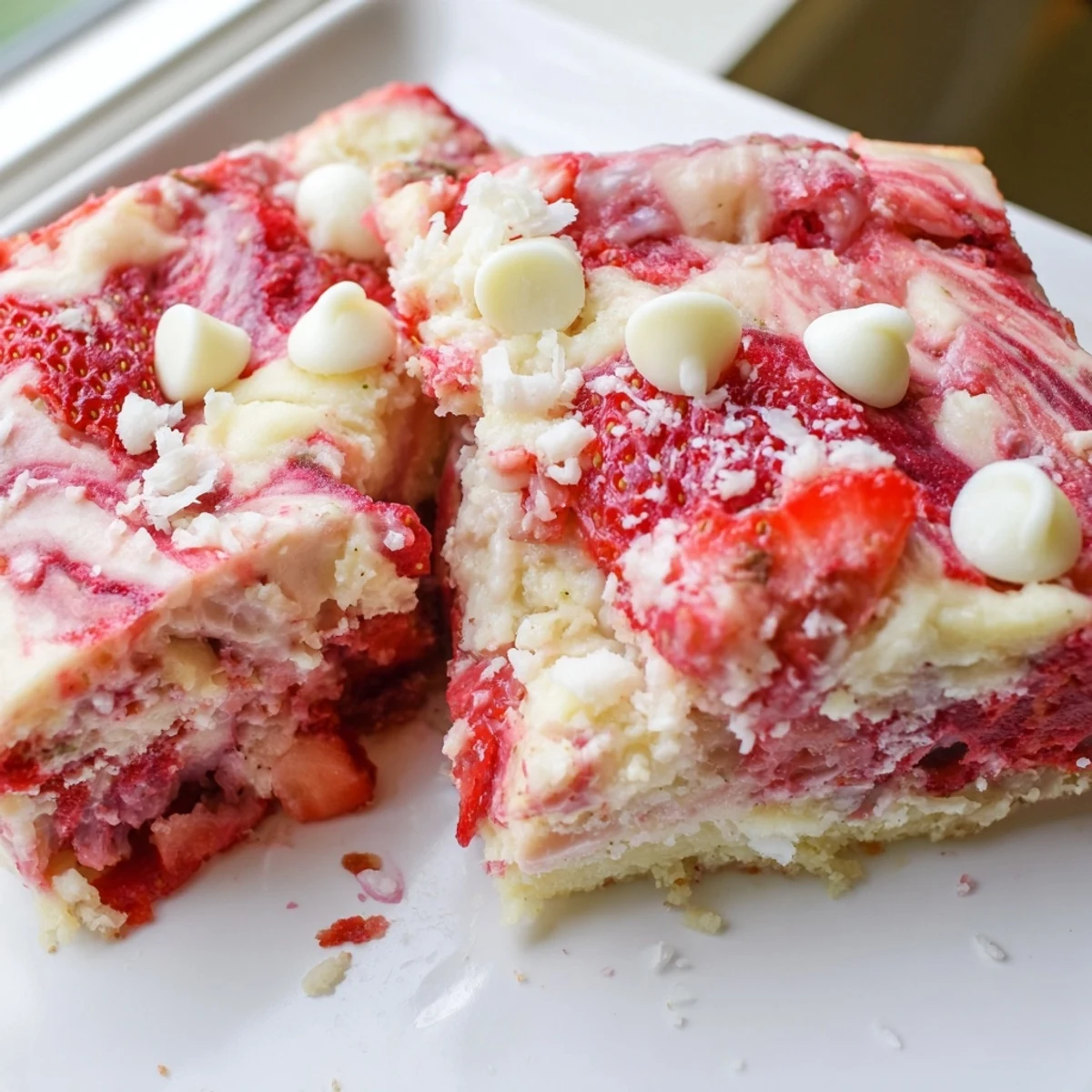 A hand holds a serving of warm Strawberry Earthquake Cake topped with sweetened coconut and strawberry pieces on a fork.