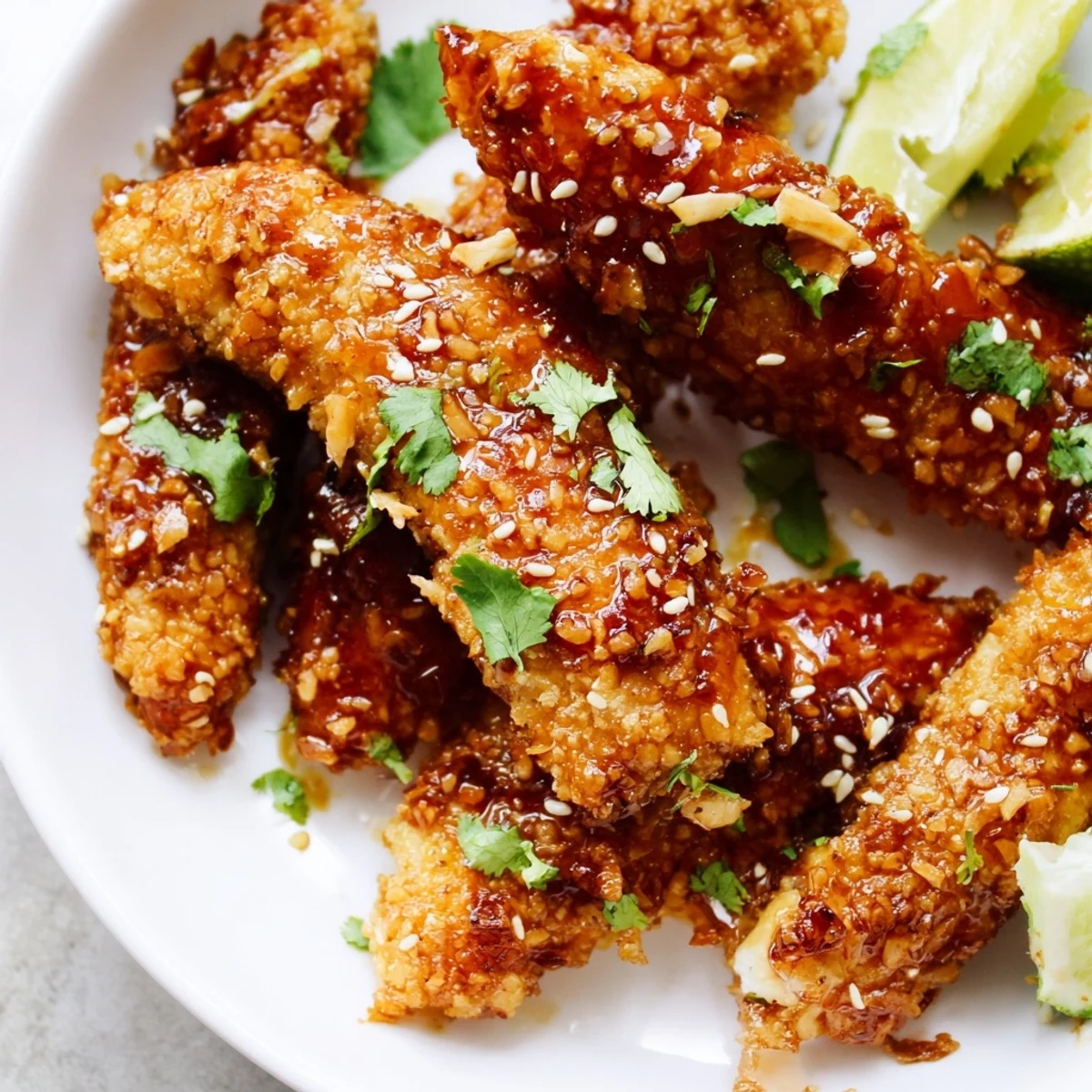 Golden Thai sticky chicken fingers glazed in sweet spicy sauce with fresh cilantro garnish