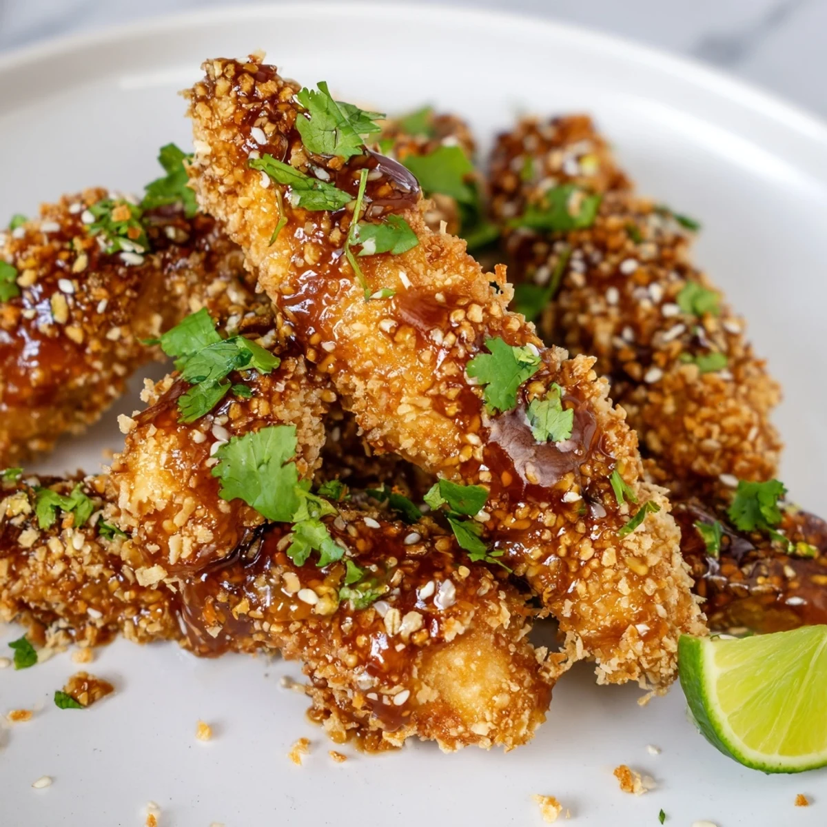 Crispy baked chicken tenders coated in tangy Thai sauce and topped with sesame seeds