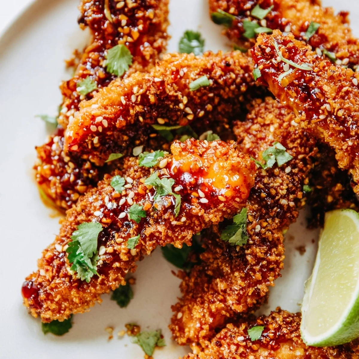 Oven-breaded chicken strips tossed in sticky Thai chili sauce served with lime wedges