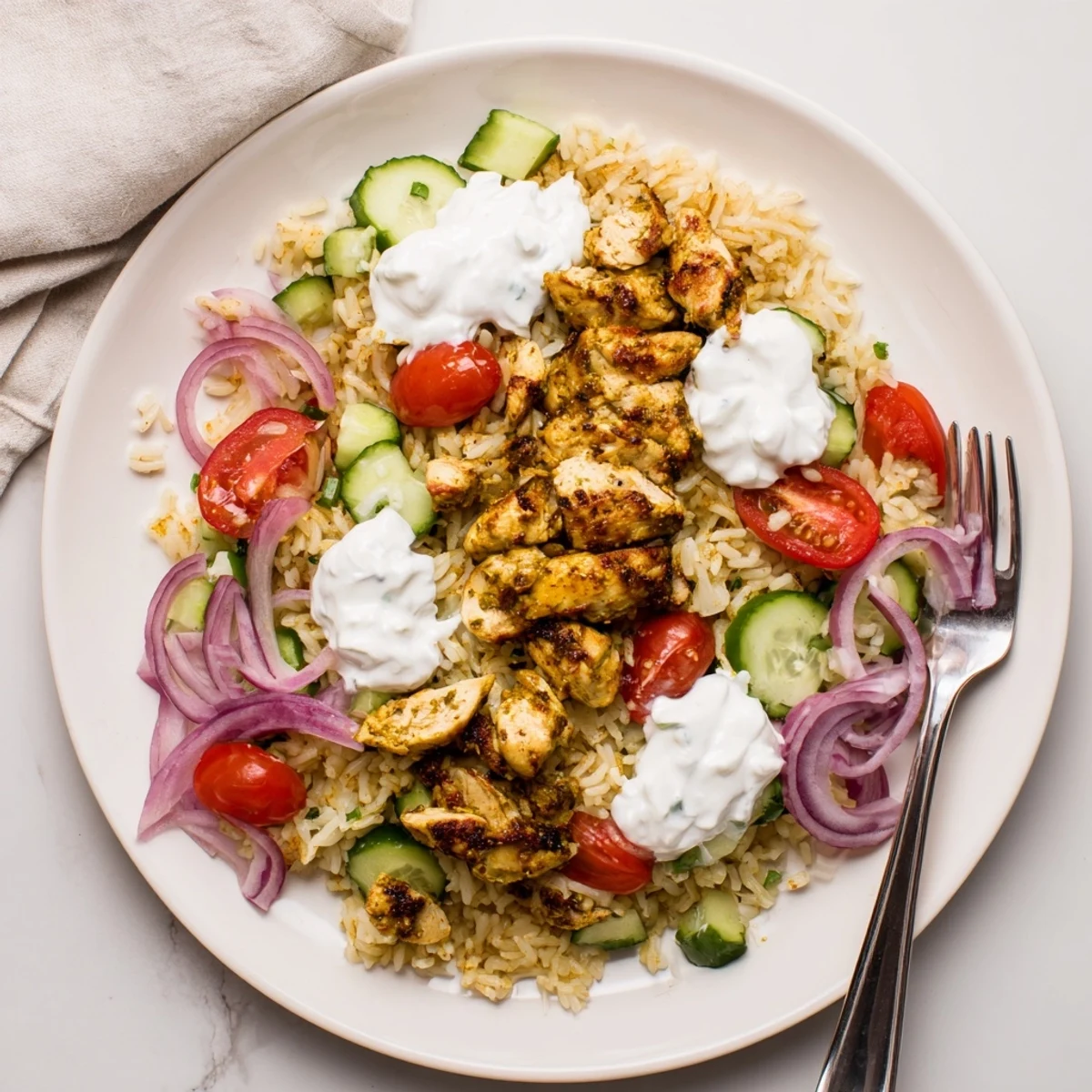 Golden spiced chicken strips served over crispy basmati rice with cucumbers, tomatoes, and tangy yogurt drizzle