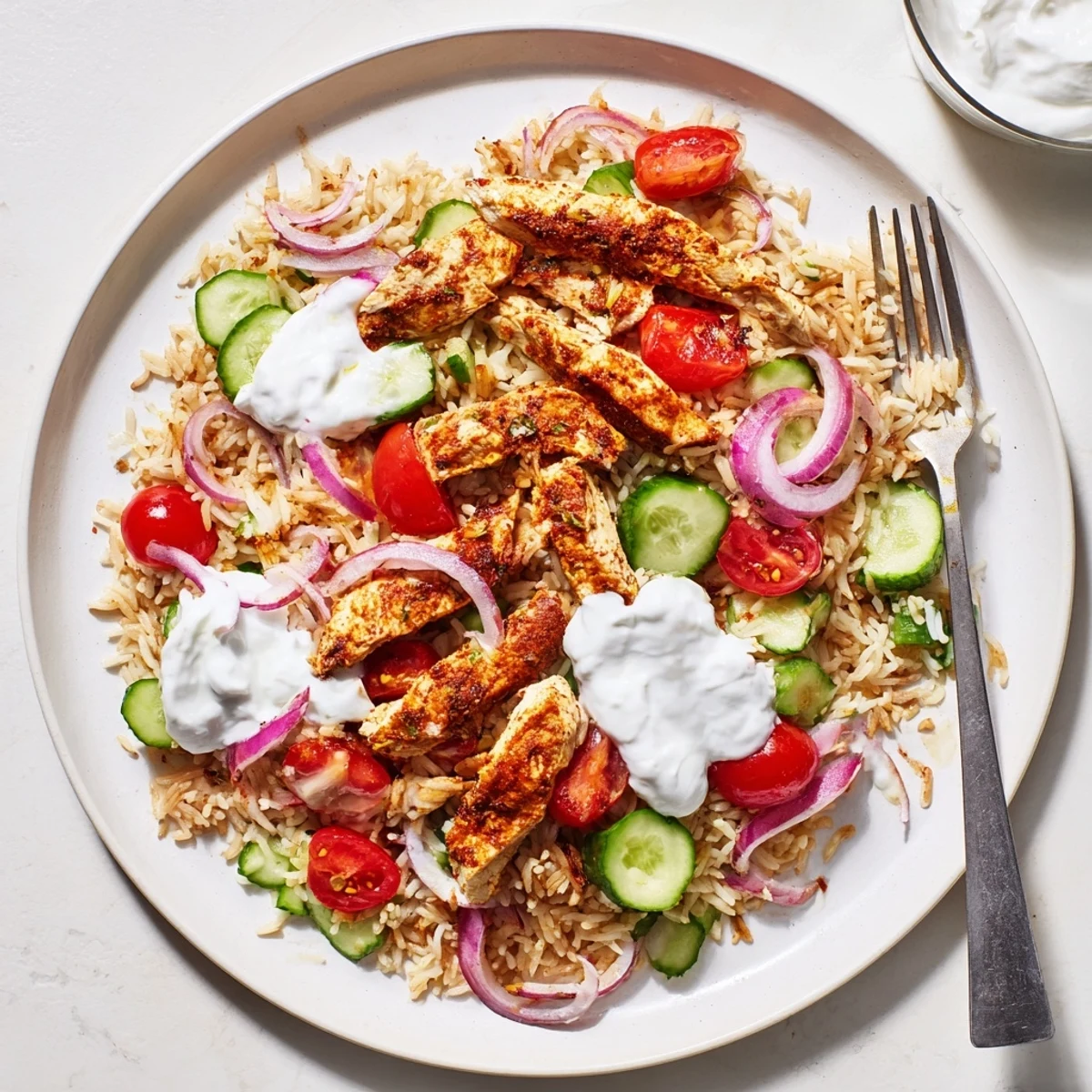 Vibrant Middle Eastern-inspired salad featuring seasoned chicken, crunchy fried rice, and colorful chopped vegetables